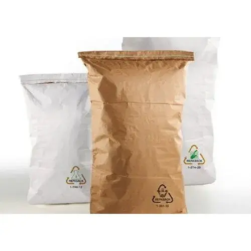 Kraft and white multiwall paper sacks, standing empty and sealed